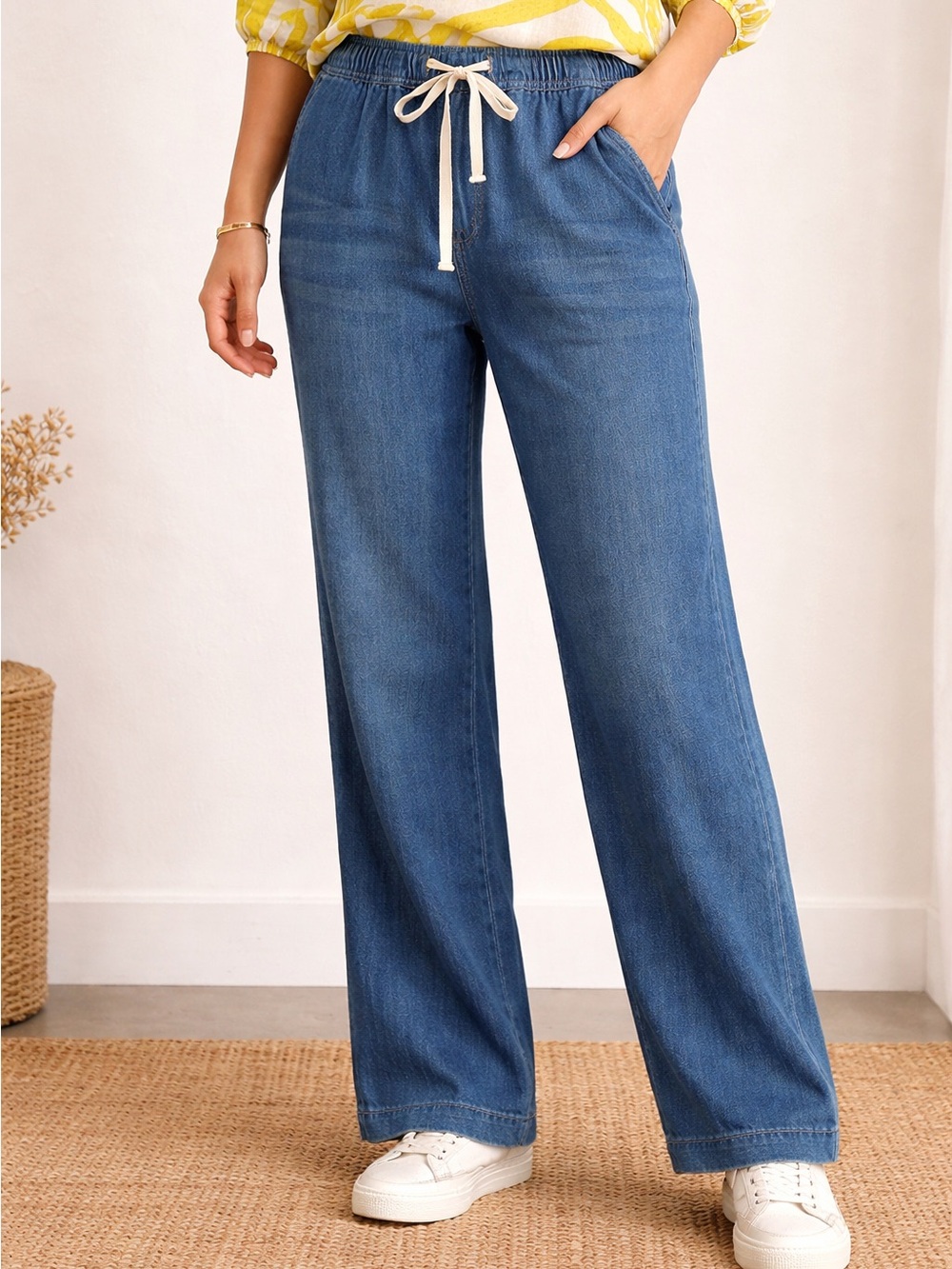 Wide Leg Drawstring Denim Jogger Pants - Blue